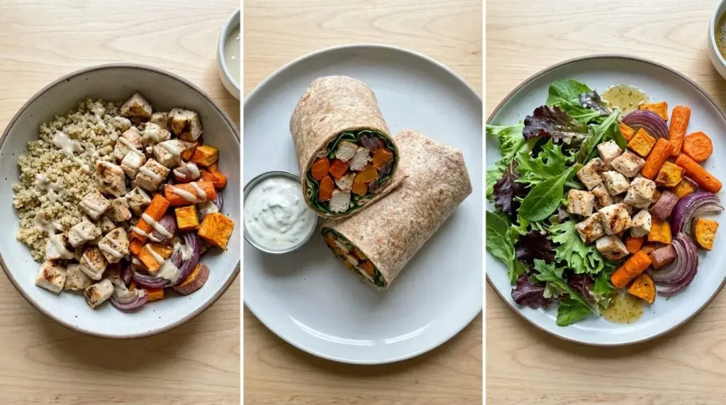 Three meals made from one meal prep ingredient set