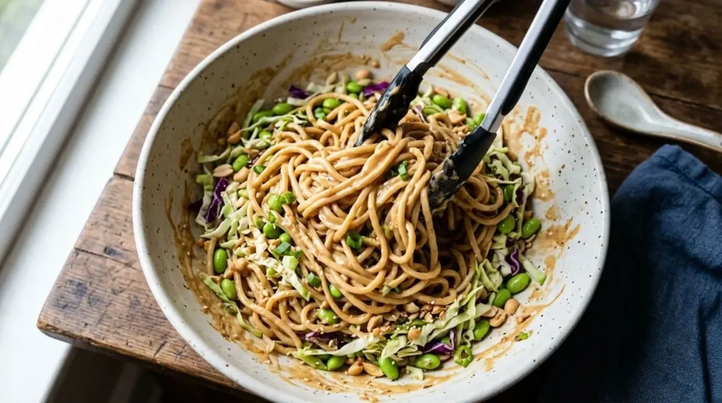 Tossing vegan peanut noodles with creamy peanut sauce