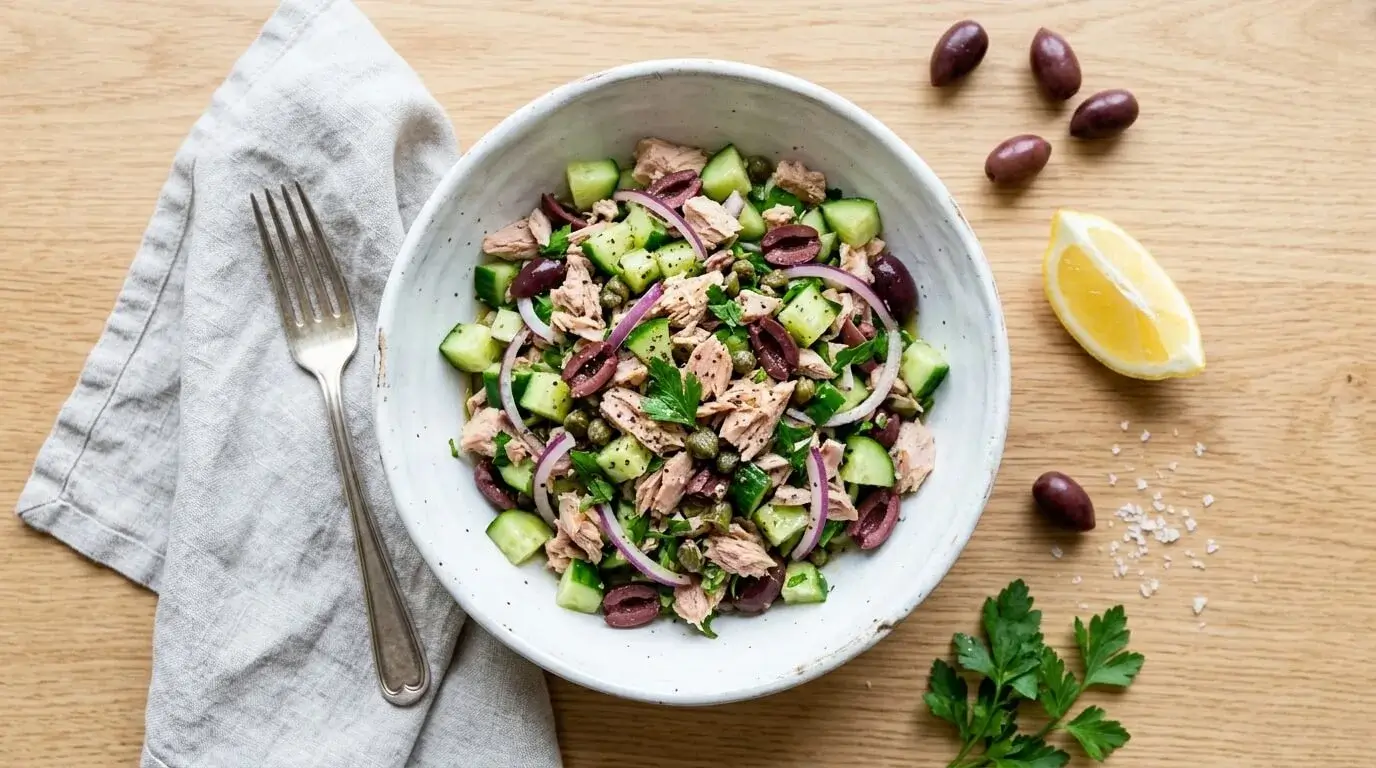 Bowl of Mediterranean tuna salad with cucumber, olives, and lemon wedges