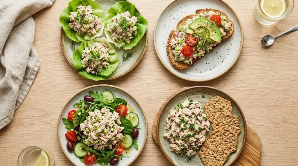 Four ways to serve tuna salad: lettuce cups, toast, crackers, and a greens bowl