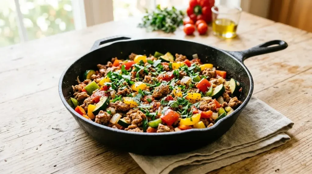 20-minute ground turkey skillet with zucchini, bell pepper and spinach