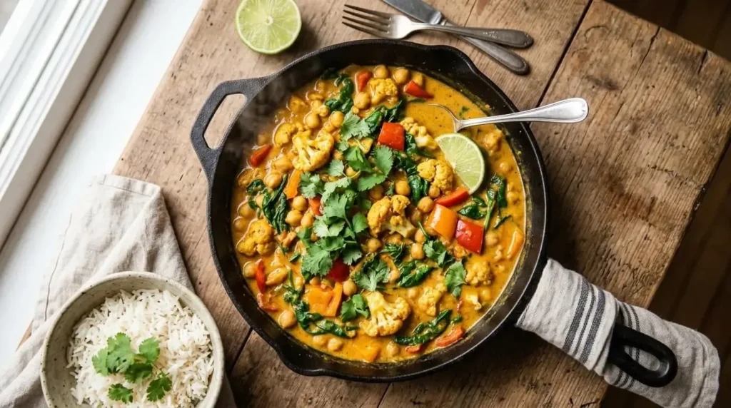 Finished one-pot vegan coconut curry in a deep skillet