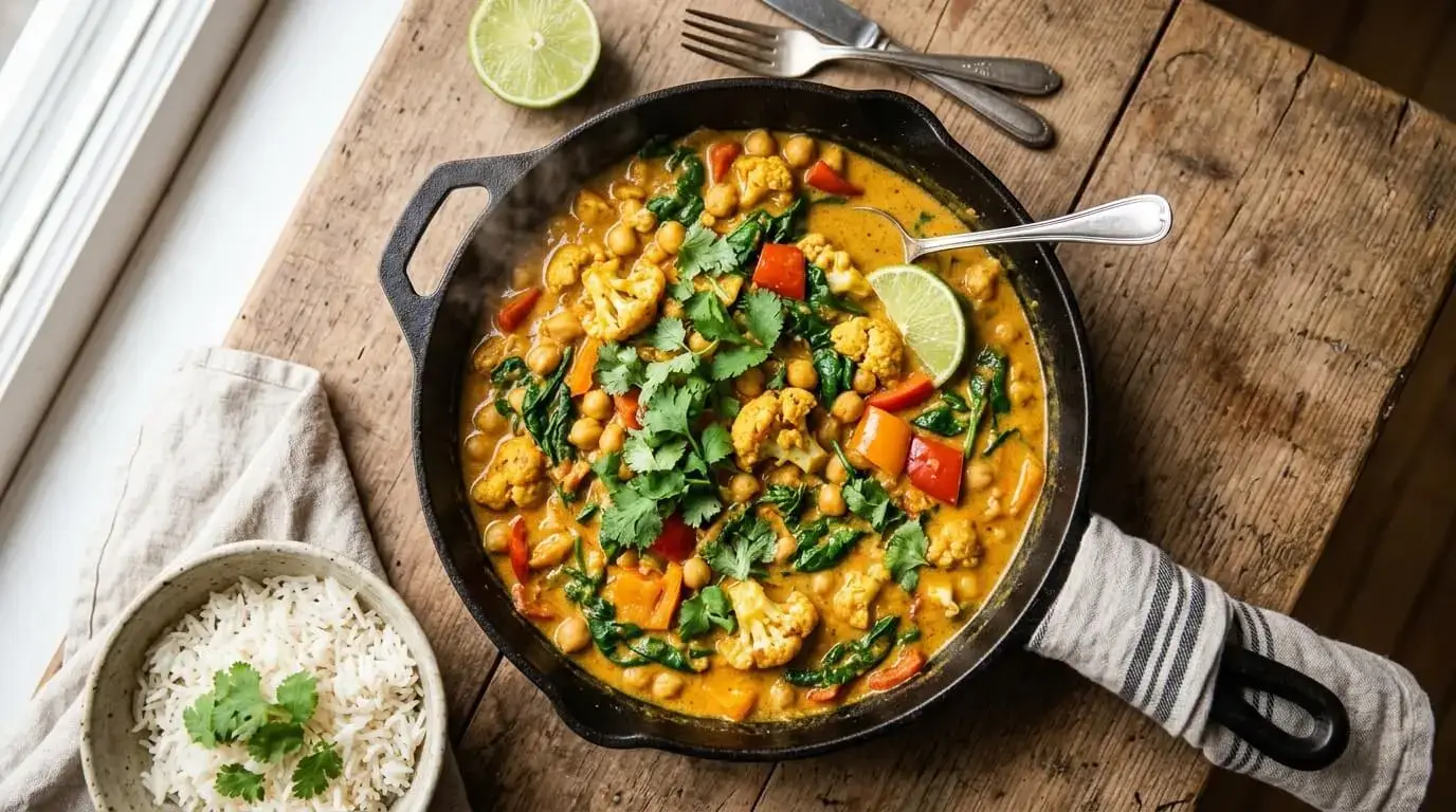 Finished one-pot vegan coconut curry in a deep skillet