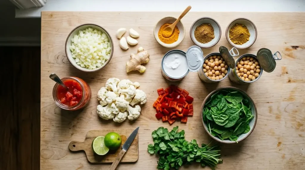 Ingredients for vegan coconut curry laid out on a counter