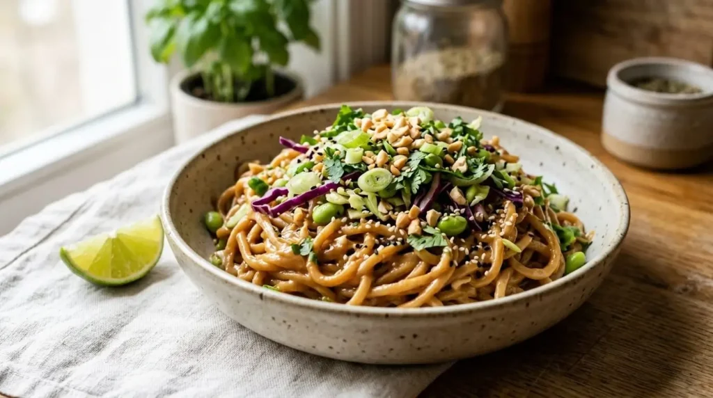 Vegan peanut noodles with creamy peanut sauce, edamame and crunchy vegetables