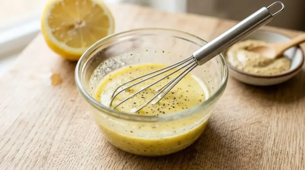 Small bowl of whisked lemon, olive oil, and Dijon dressing