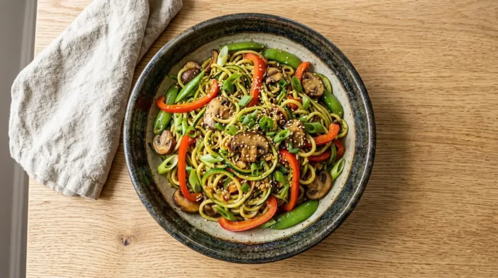 Zucchini noodles stir-fry with peppers, mushrooms and sesame