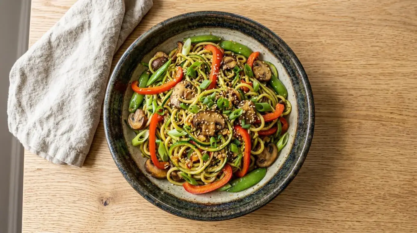 Zucchini noodles stir-fry with peppers, mushrooms and sesame