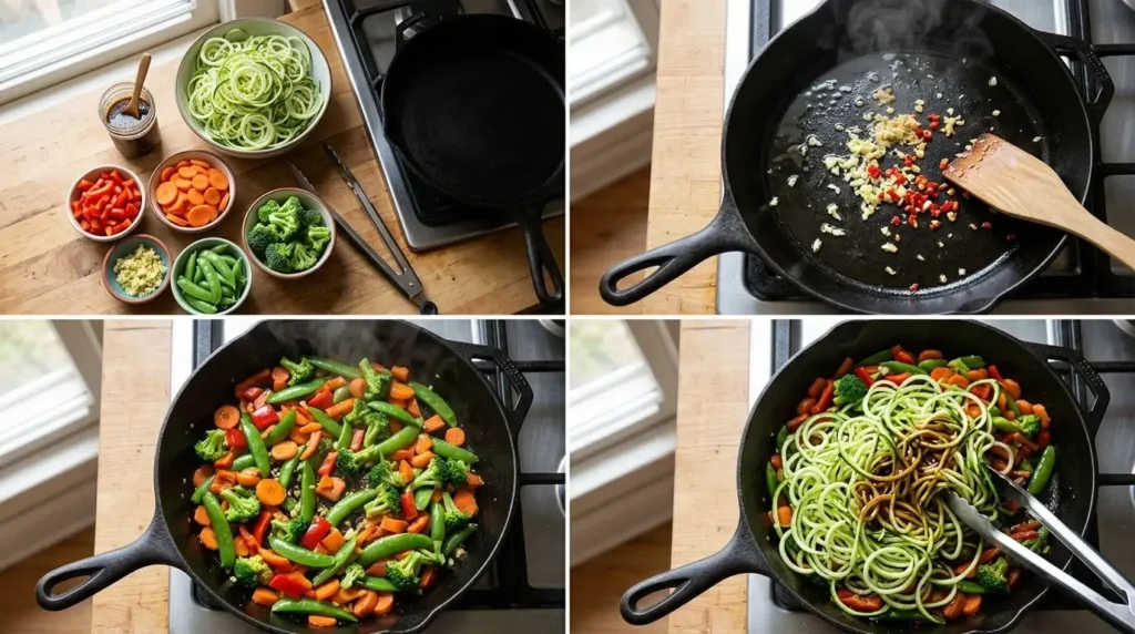 15-minute zucchini noodle stir-fry cooking process