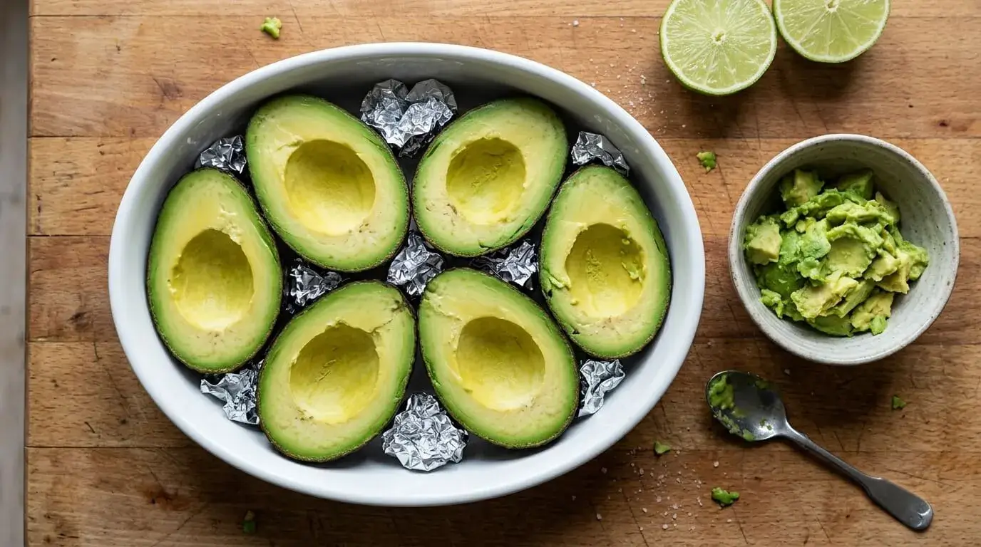 Halved Hass avocados with enlarged cavities set in a baking dish