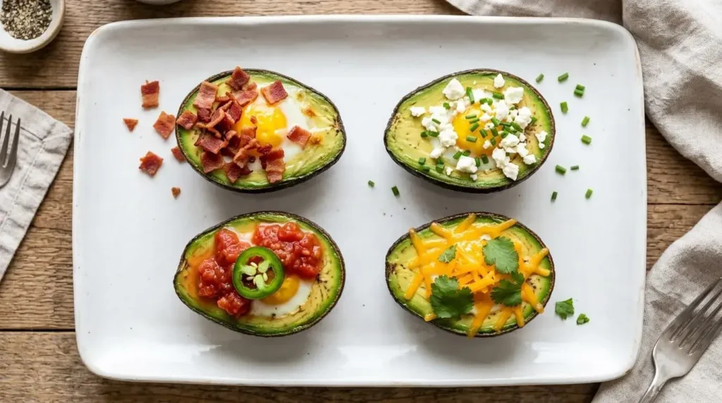 Egg and avocado cups with bacon, feta, salsa and cilantro toppings