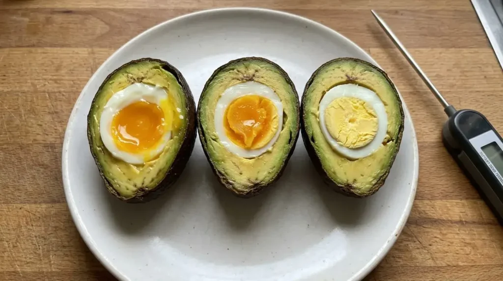 Cross-section of baked avocado egg cups showing soft, medium and firm yolks