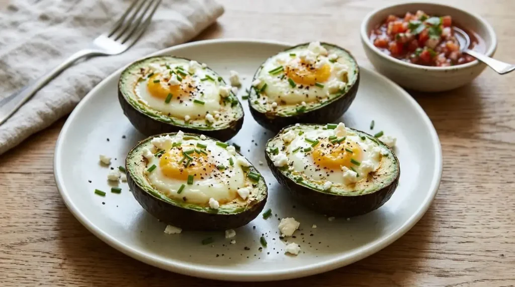 Baked low-carb egg and avocado cups topped with chives
