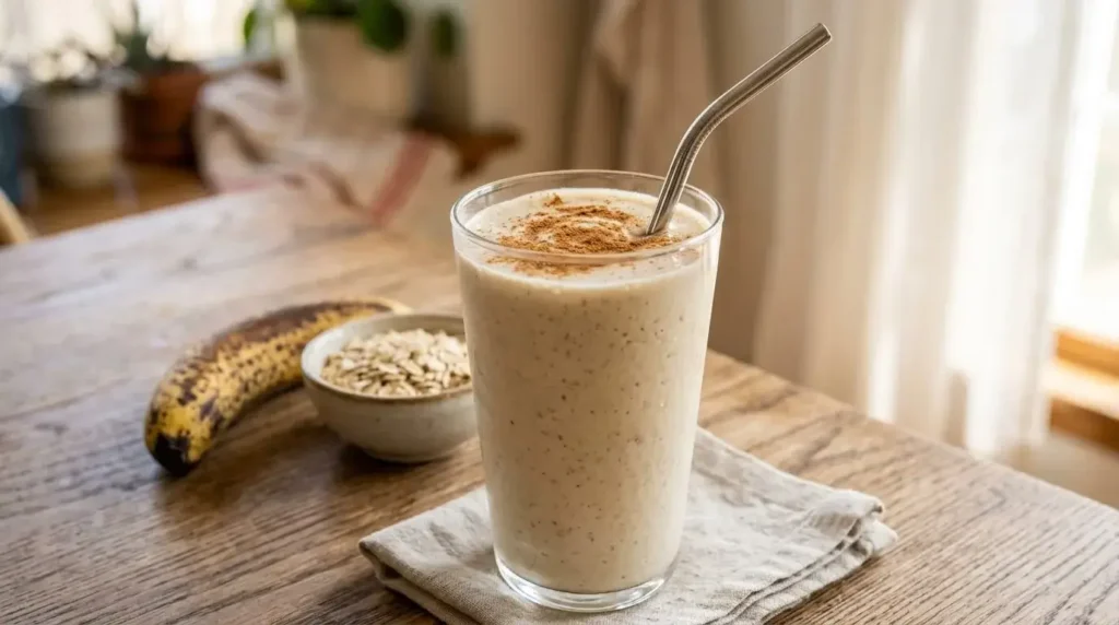 Tall glass of creamy banana oat smoothie dusted with cinnamon beside a ripe banana and a small bowl of oats