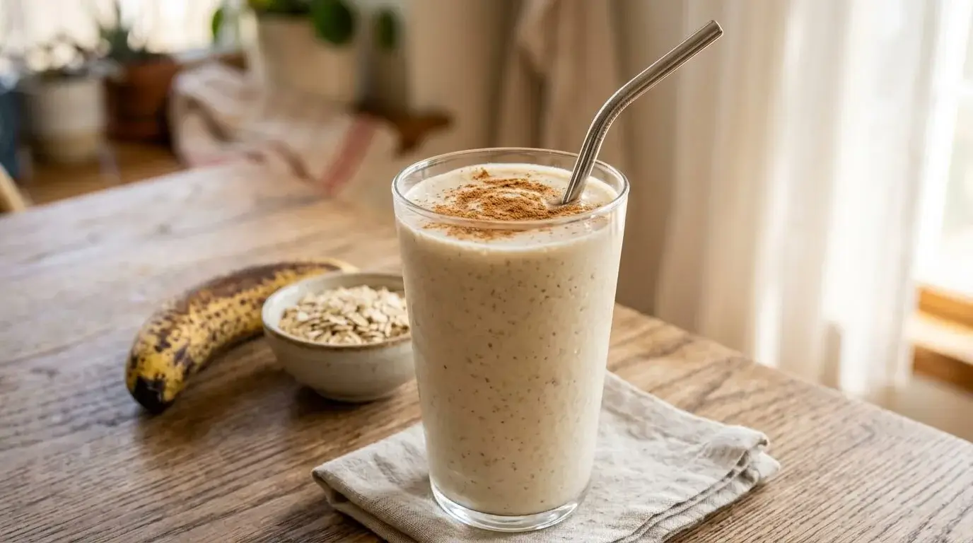 Tall glass of creamy banana oat smoothie dusted with cinnamon beside a ripe banana and a small bowl of oats
