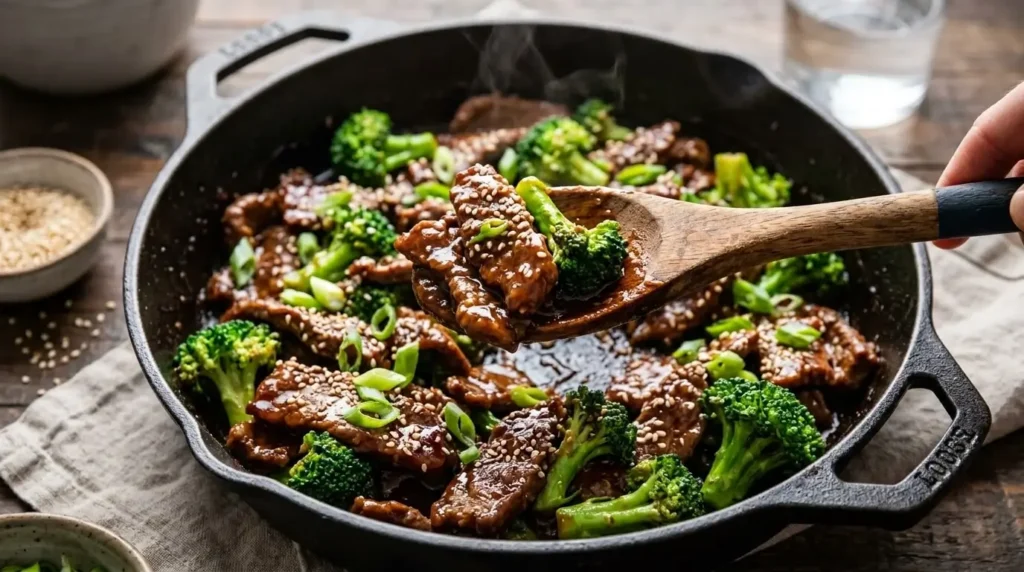 Glossy sauce coating beef and broccoli in a skillet