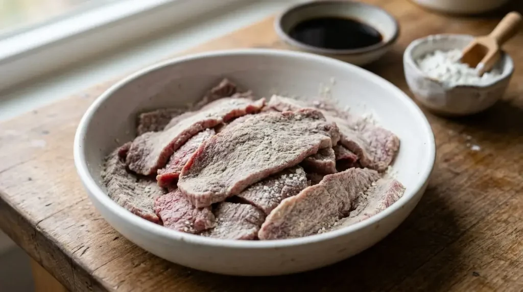 Thin beef slices coated in soy sauce and cornstarch in a bowl