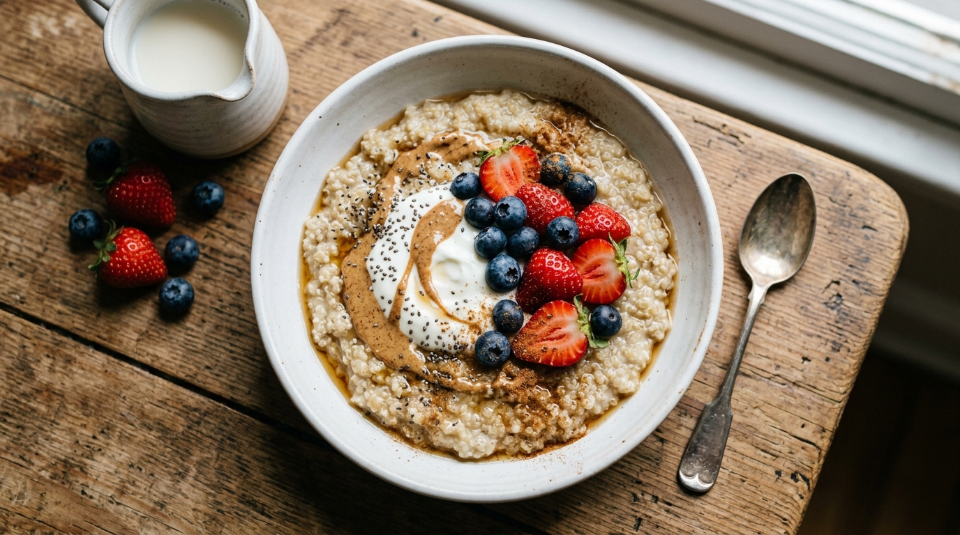 Sweet quinoa breakfast bowl topped with Greek yogurt, fresh berries, almond butter and chia seeds