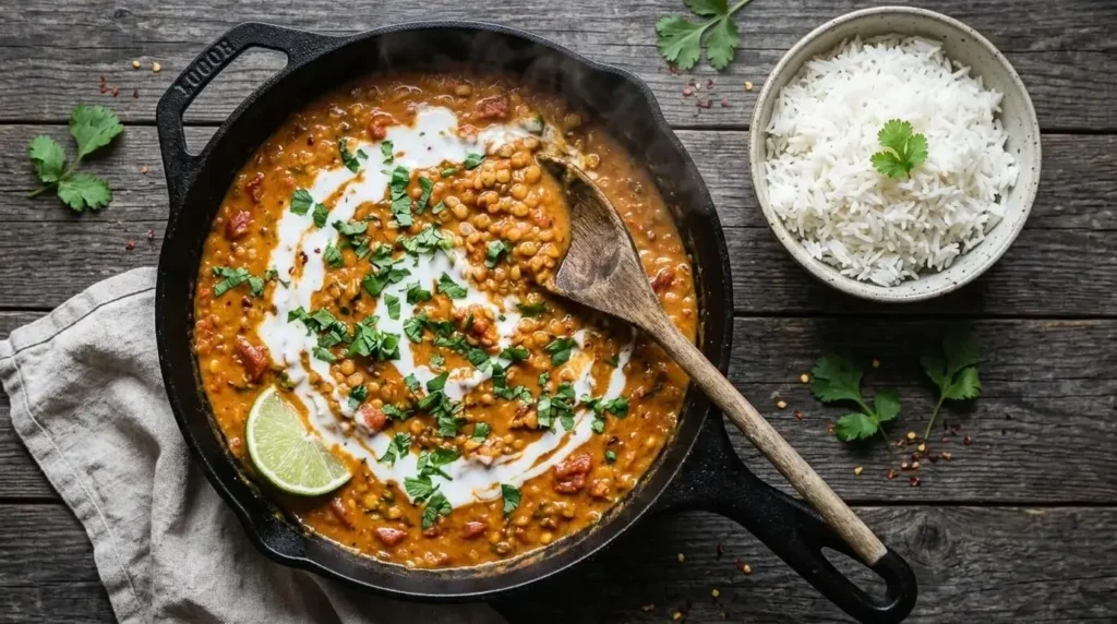Skillet of quick vegan lentil curry with coconut milk, garnished with cilantro and lime