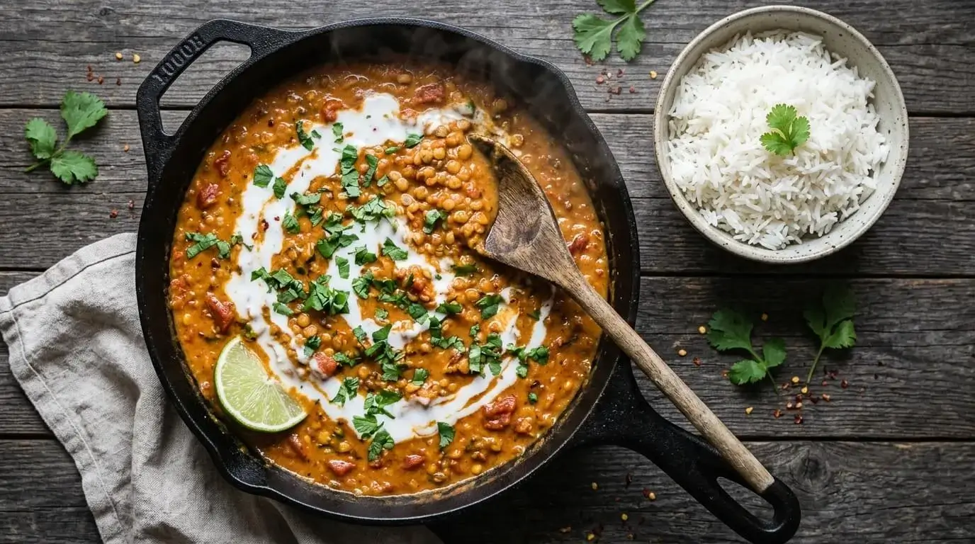 Skillet of quick vegan lentil curry with coconut milk, garnished with cilantro and lime