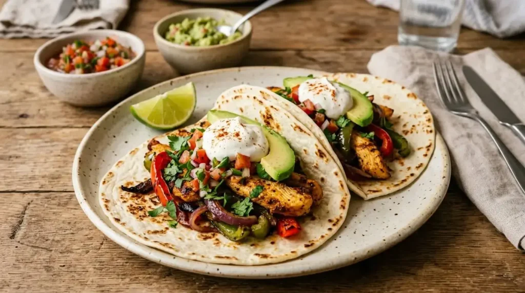 Sheet pan chicken fajitas served in warm tortillas with salsa, avocado and lime