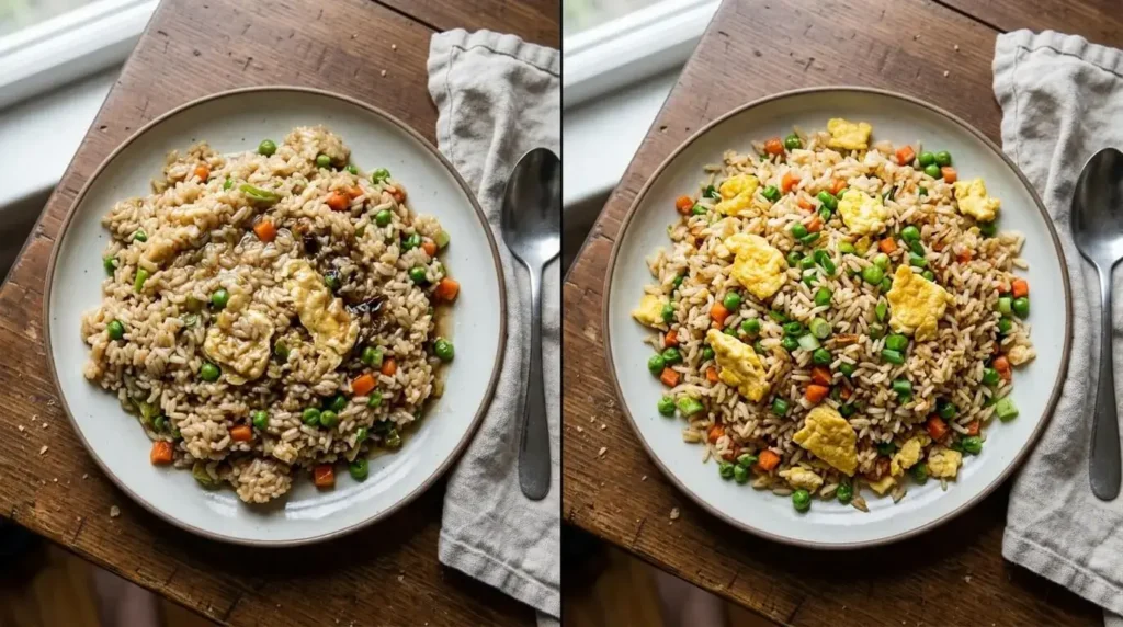 Soggy clumped fried rice compared with properly separated egg fried rice