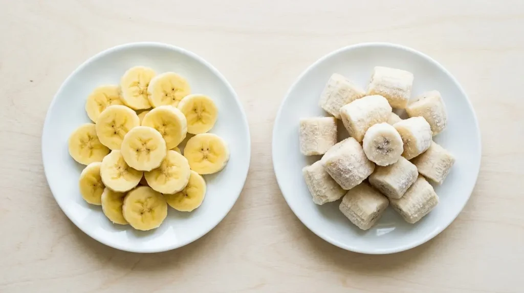 Fresh banana slices next to frozen banana chunks on a small tray