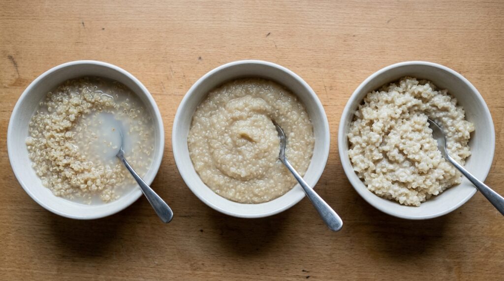Three bowls showing watery, mushy and correctly textured quinoa
