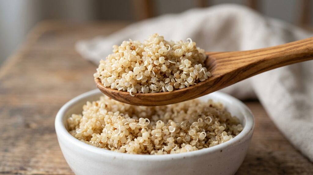 Close-up of properly cooked quinoa with tender separate grains and visible tiny spirals
