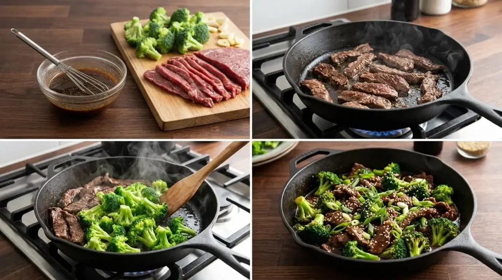 Four-stage process showing sauce, seared beef, broccoli and finished dish