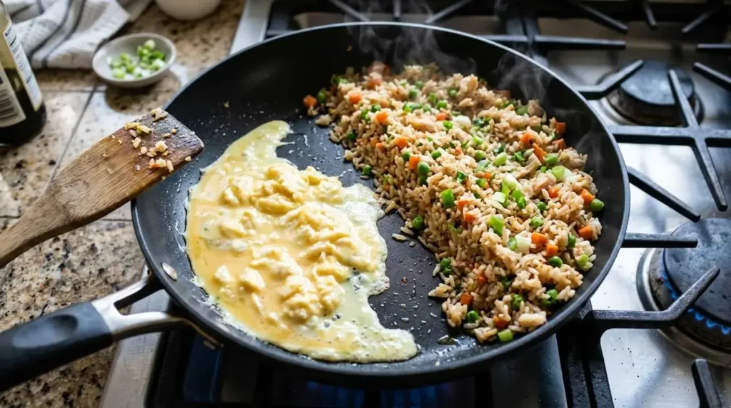 Egg cooking in a cleared section of the skillet for one-pan egg fried rice