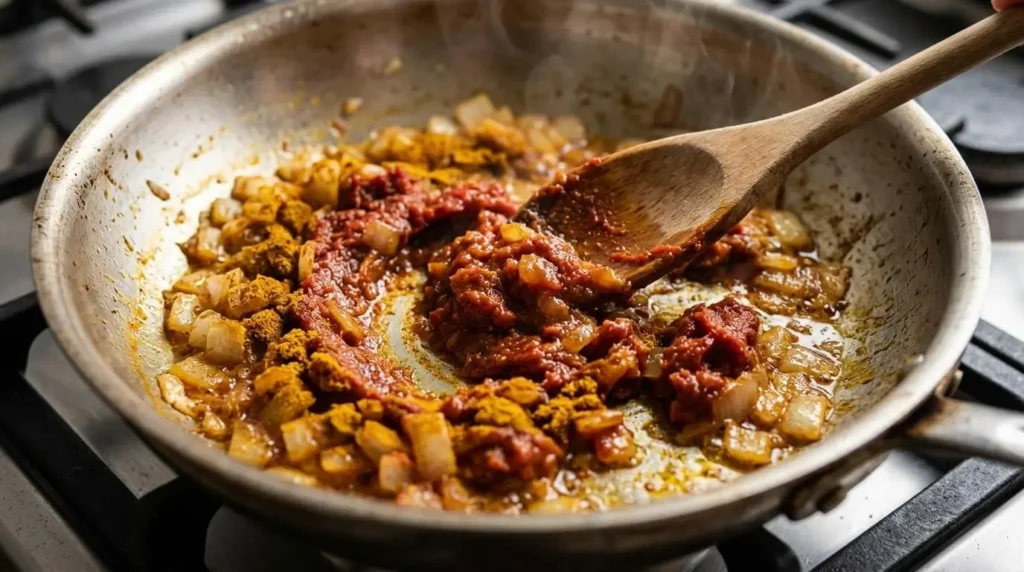 Curry powder and tomato paste blooming in a skillet with onions
