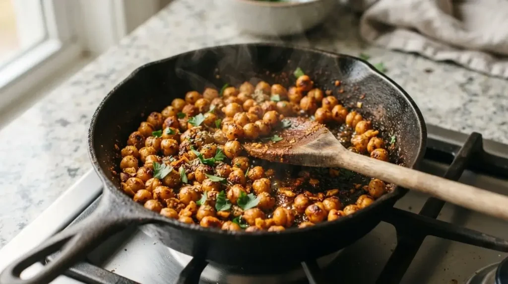 Seasoned chickpeas cooking for chickpea avocado toast