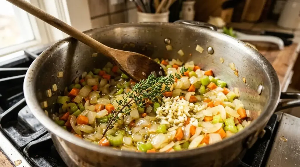 Softened onion, carrot and celery sautéed in a pot for white bean soup