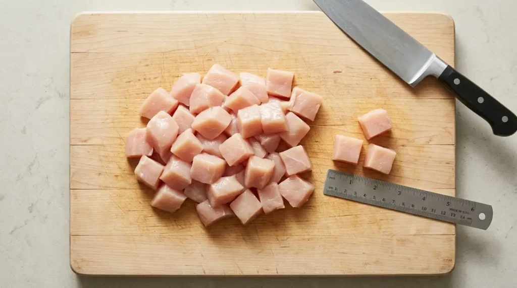 Raw chicken breast cut into even three-quarter-inch cubes on a cutting board