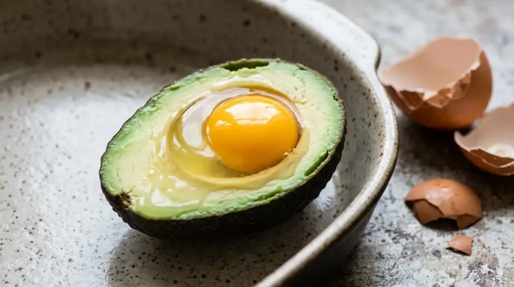 Raw egg poured into a scooped avocado half