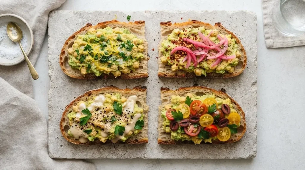 Four chickpea avocado toast flavor variations