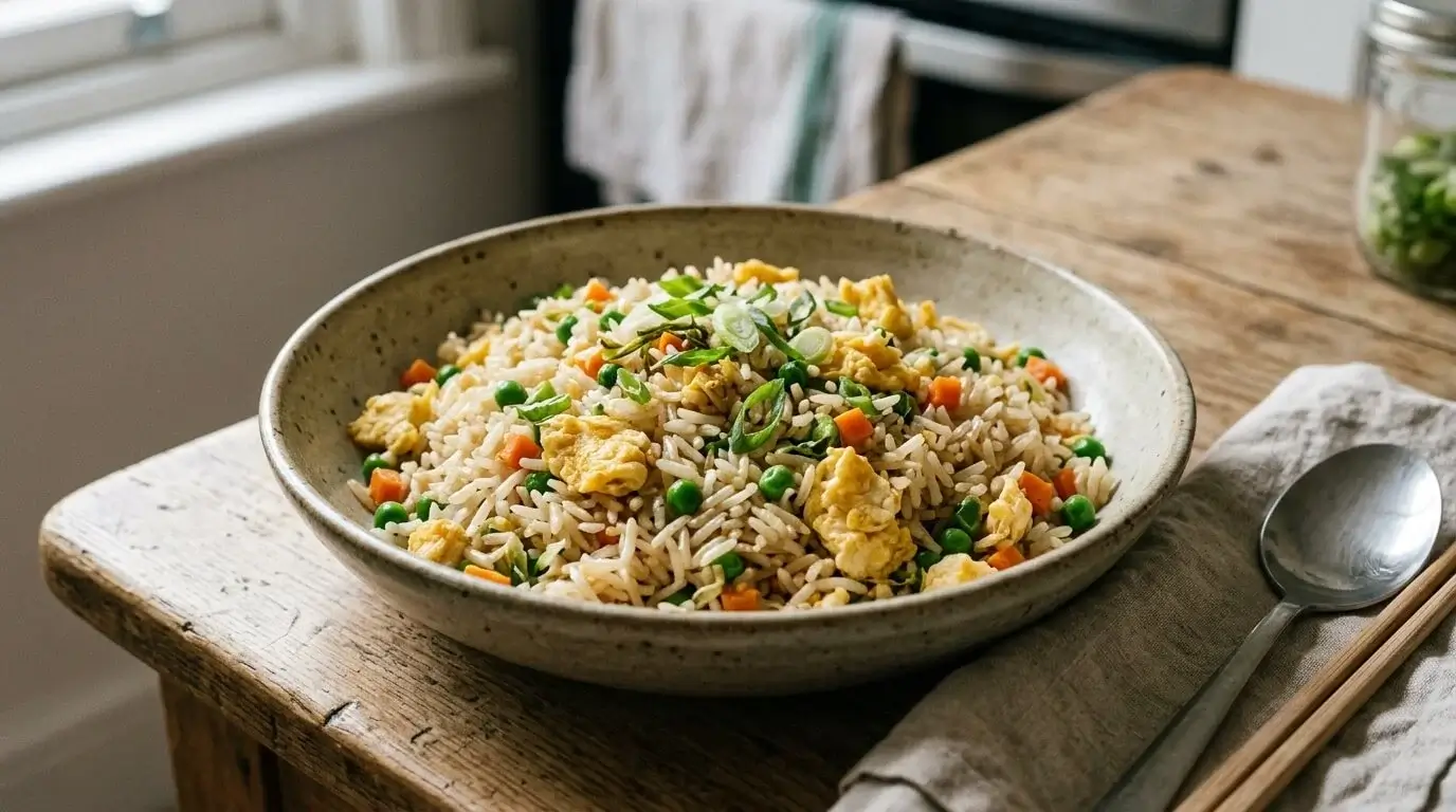 20-minute egg fried rice with separated rice, egg, peas and carrots