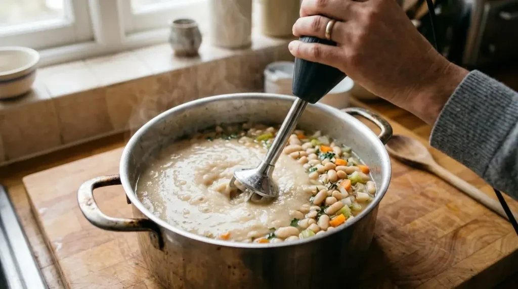Immersion blender partially blending white bean soup in a pot