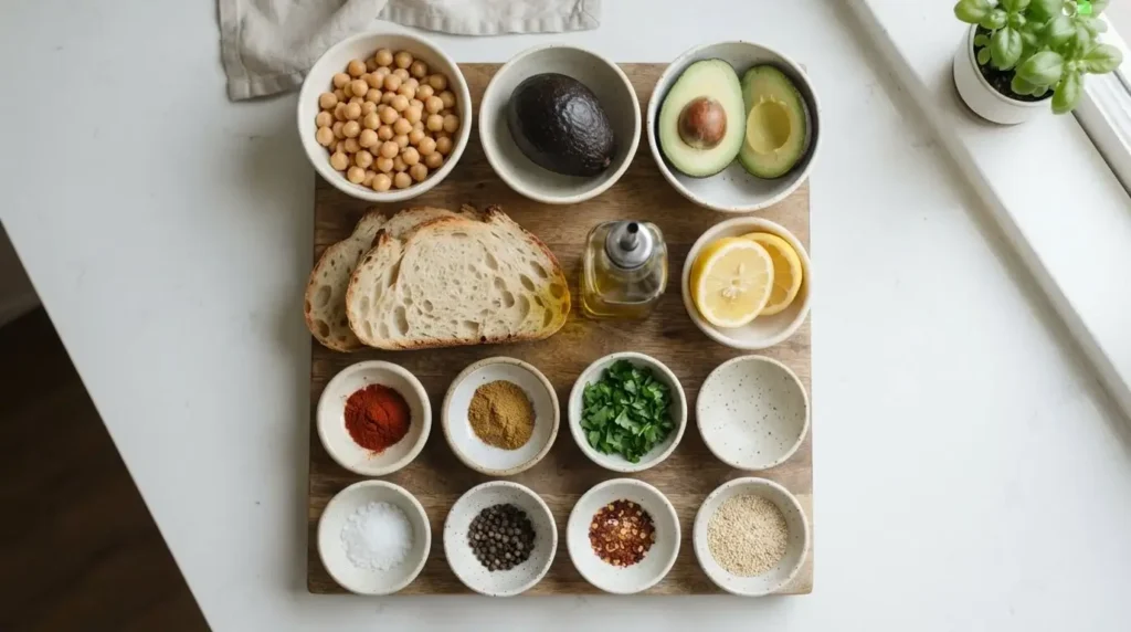 Ingredients for chickpea avocado toast recipe