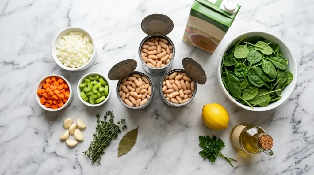 Ingredients for white bean soup including canned beans, vegetables, broth, spinach and lemon