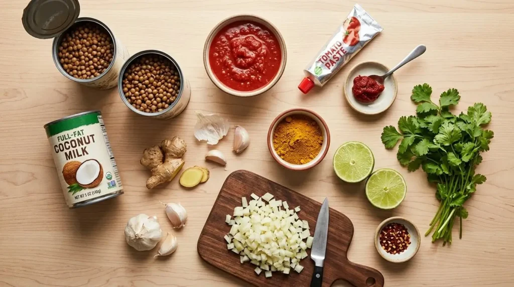Ingredients for quick vegan lentil curry laid out on a counter