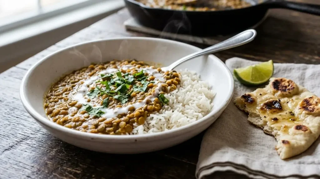 Bowl of lentil curry served over ready-cooked rice with naan