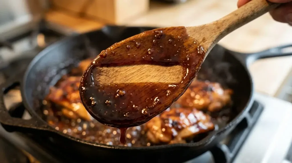 Spoon coated with glossy teriyaki sauce with a clean finger line drawn through it