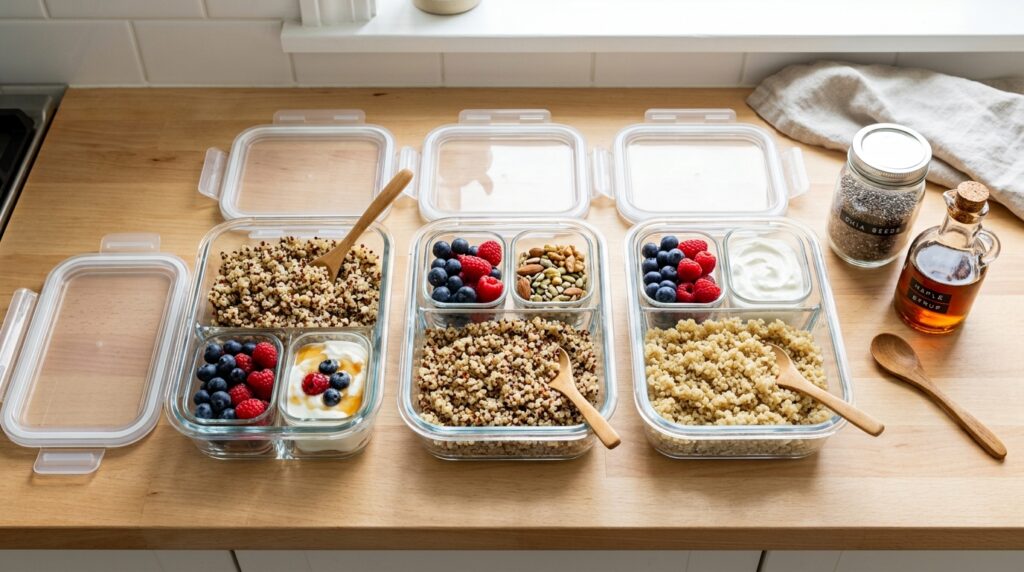 Meal-prep containers with quinoa base separated from fruit, yogurt and crunchy toppings