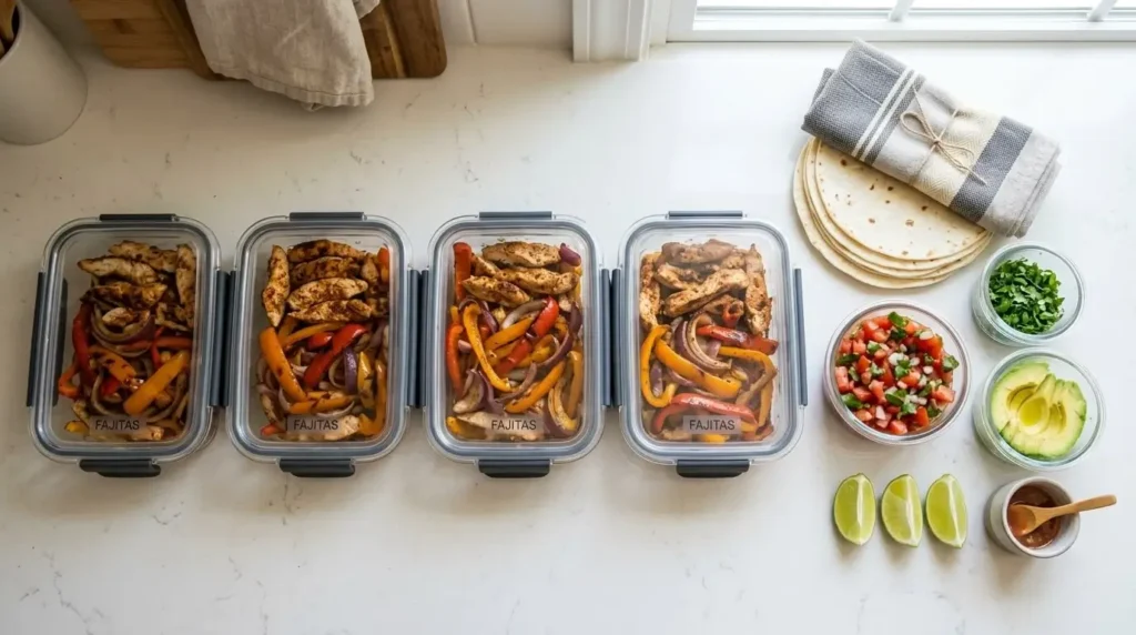 Meal prep containers with sheet pan fajita filling, with tortillas and toppings stored separately