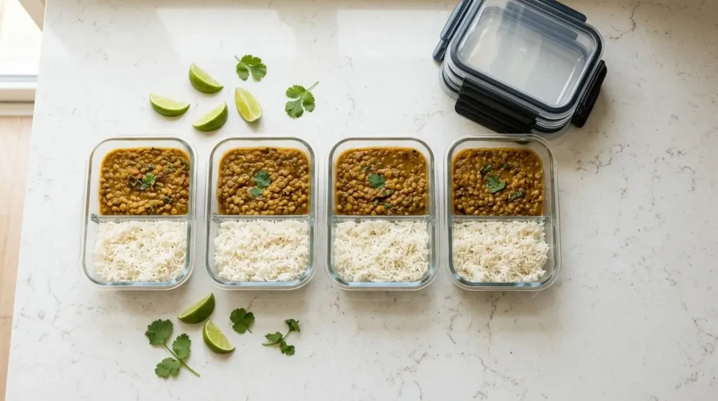 Meal prep containers of lentil curry with rice