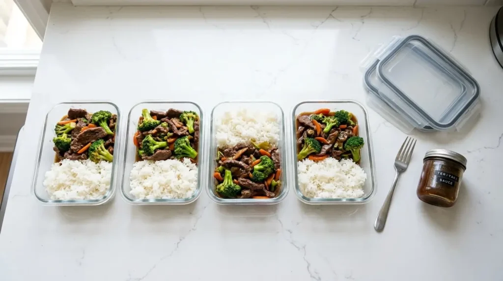 Meal prep containers with beef and broccoli and rice