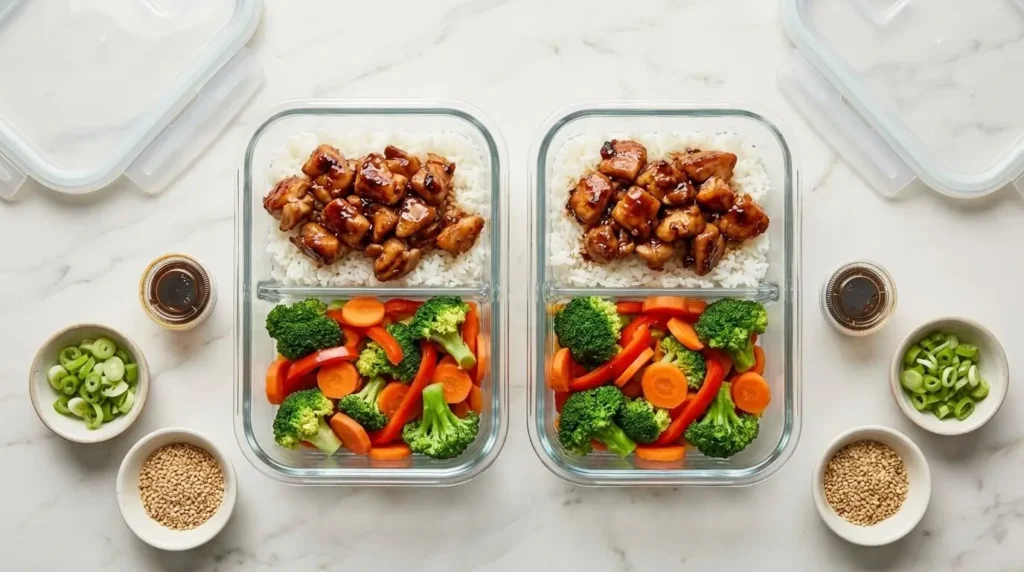 Glass meal-prep container with rice, vegetables and teriyaki chicken in separate sections and sauce in a small cup