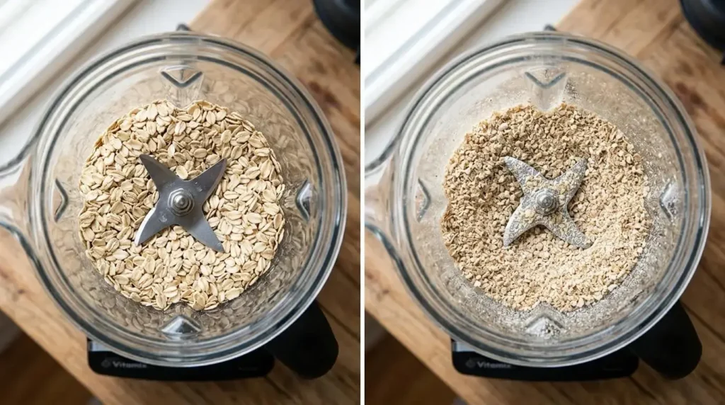 Blender jar showing whole rolled oats on the left and pulsed, finely ground oats on the right